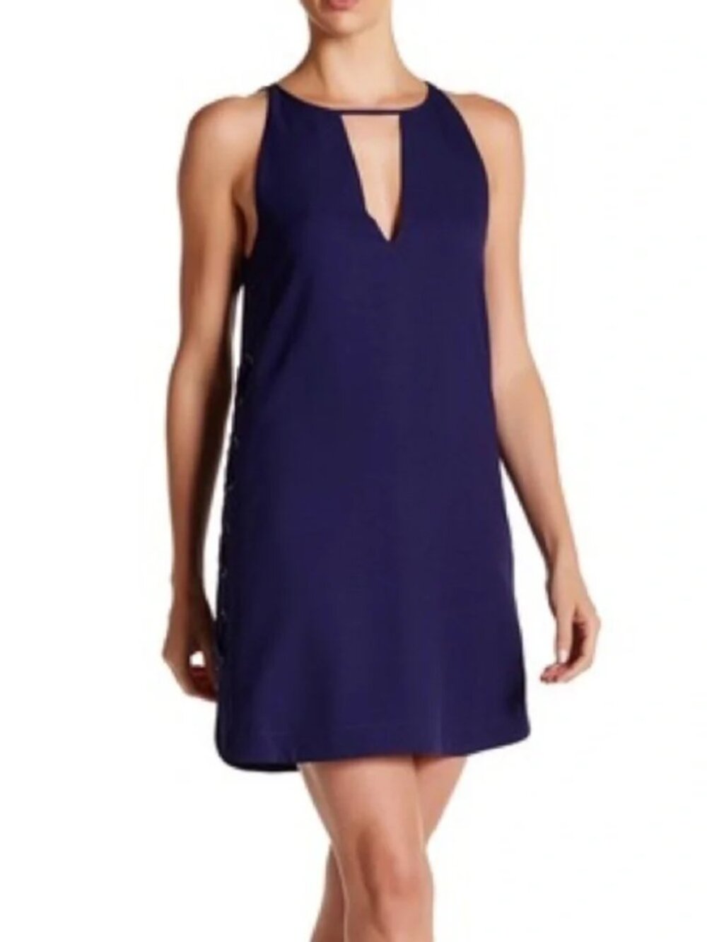 Parker Riviera Dress Mini Shift Keyhole V Neck Sleeveless Lace Up Blue Size XS